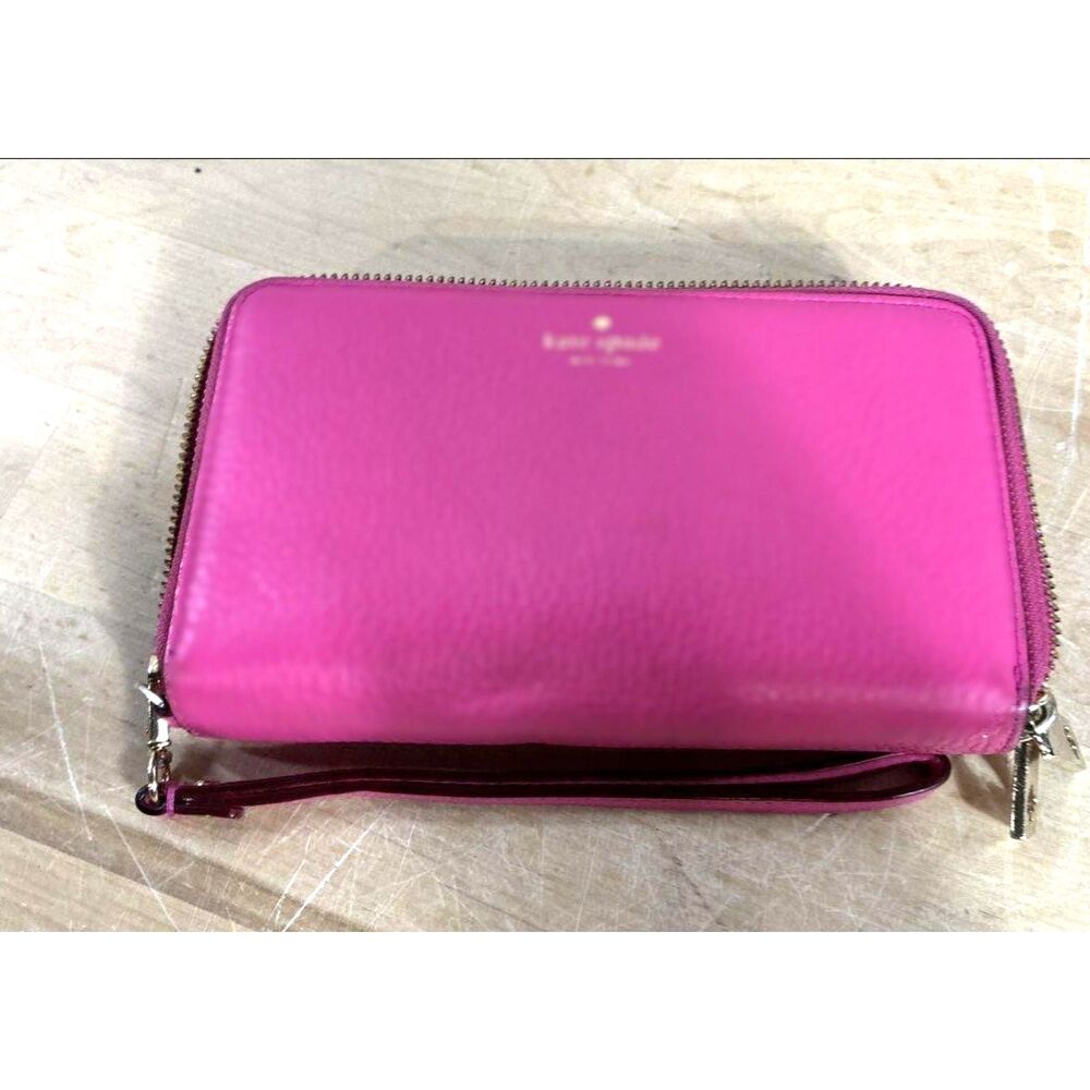 Kate Spade Pink Pebbled Leather Double Zip Around Wristlet Wallet Gold Hardware